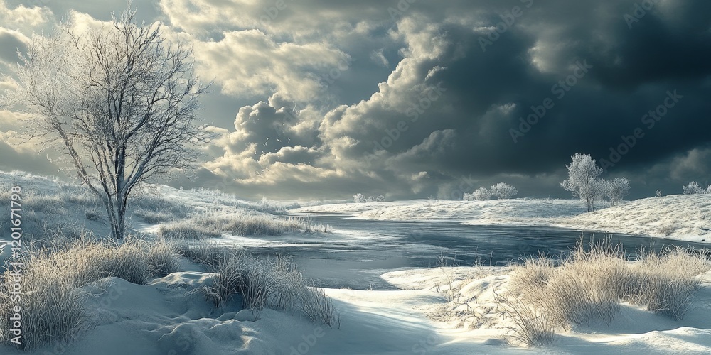 Poster a tranquil winter scene unfolds with a gentle layer of snow blanketing the earth, all beneath a stri