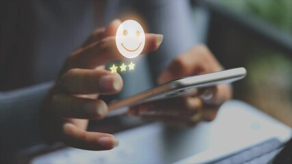 Woman gives five star review online. Excellent customer experience evaluation.