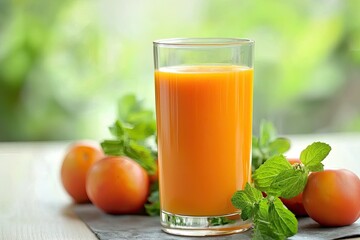 Fresh juice in a glass surrounded by vibrant fruits on a neutral background
