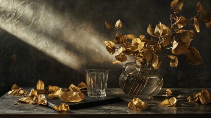 Golden still life with antique glasses and dried branches
