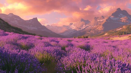 Lavender field at sunset in the mountains.