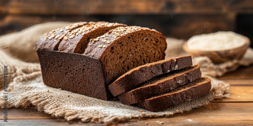Aufkleber Fresh slices of rye bread made with flour displayed on a wooden table create a rustic atmosphere. Rye bread promotes healthy eating and enhances any food background with its wholesome appeal.