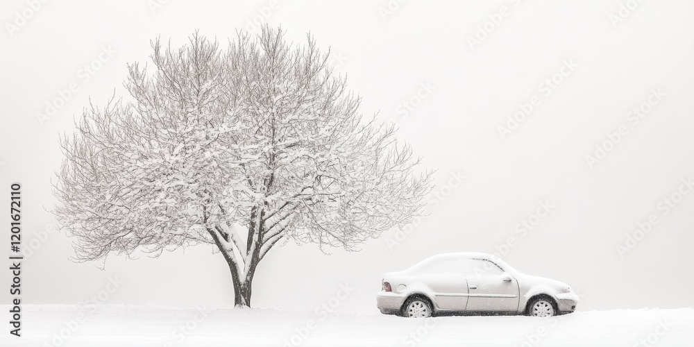 Poster abstraction, a car blanketed in snow, showcasing the beauty of snowfall. this image captures the abs