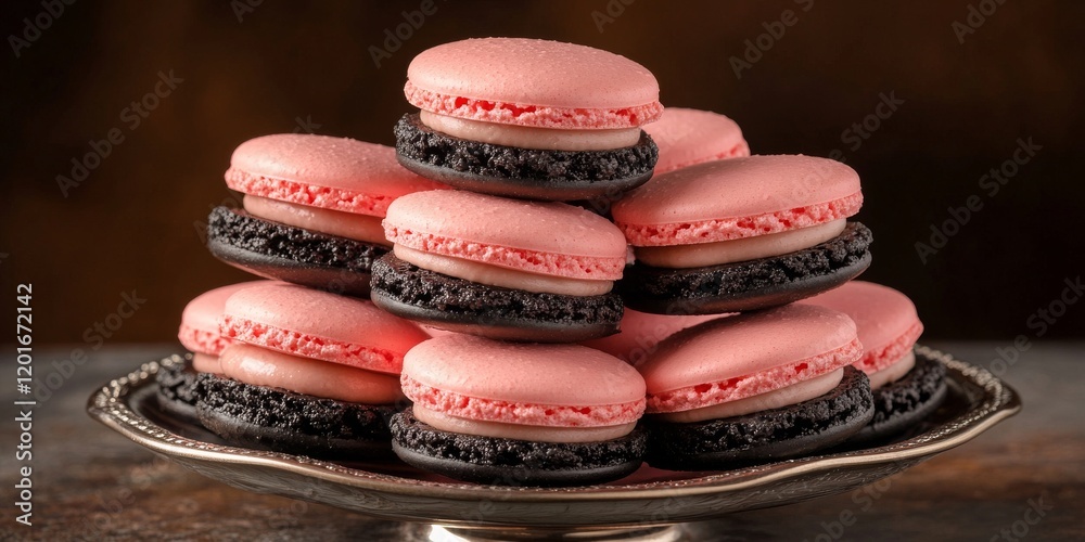 Poster delightful pink macaroons paired with rich black cookies create a visually appealing dessert arrange