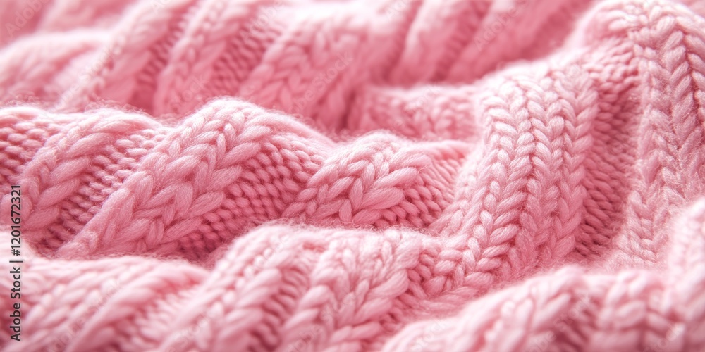 Poster Close up of pink knitted fabric showcasing its intricate texture. This pink knitted fabric serves as a vibrant background, highlighting its unique texture and soft appearance. Perfect for design use.