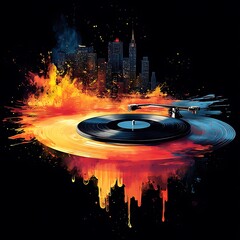 Expressive vector graphic of a record player spinning vinyl records with colorful soundwaves, embodying the soul of analog music ::2 vinyl melodies, rhythmic nostalgia, dynamic vibrations, hypnotic 