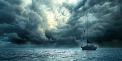 Yacht navigating the open sea during a stormy day - A serene sailing yacht anchored in calm waters amidst an approaching tropical storm, showcasing the contrast of the yacht s journey.