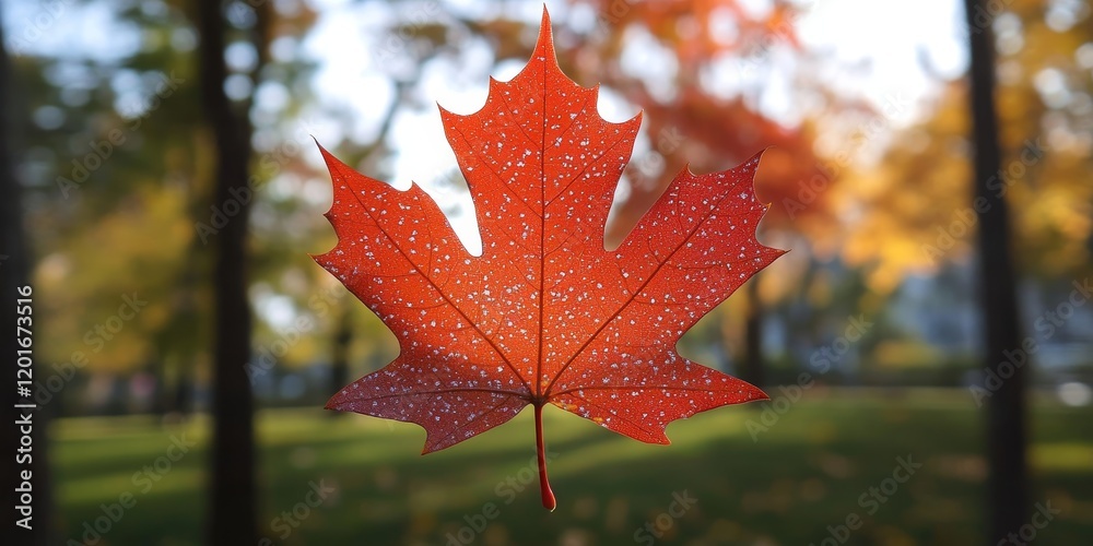Poster portrait of a red maple leaf resting atop trees in a park outdoors, showcasing the vibrant colors an