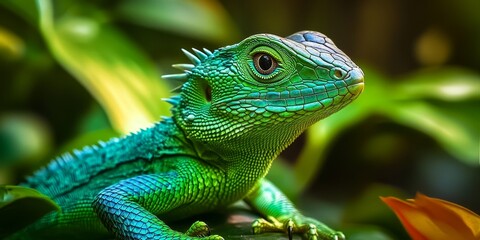 Fototapeta premium Stunning closeup of a beautiful lizard showcasing vivid green colors and intricate textures, highlighting the remarkable features of this beautiful lizard in its natural habitat.