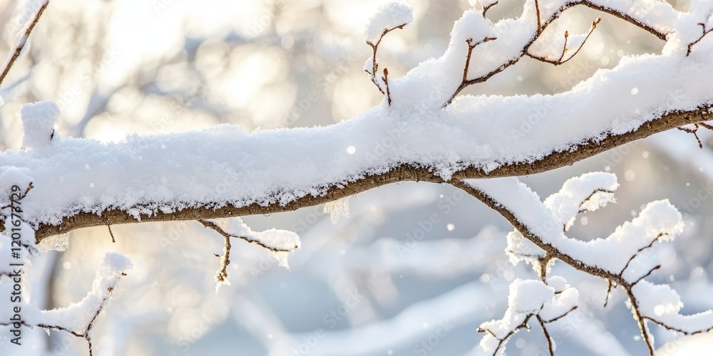 Poster winter tree branch covered in snow creates a serene winter scene. the snow on the tree branch highli