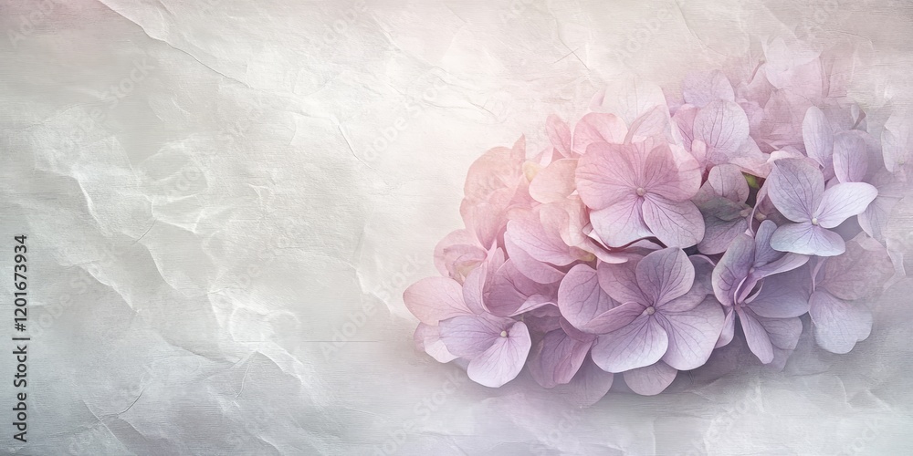 Poster Delicate sweet color hydrangeas showcased in a soft and blurred style on a textured mulberry paper background, creating an artistic representation of sweet color hydrangeas.