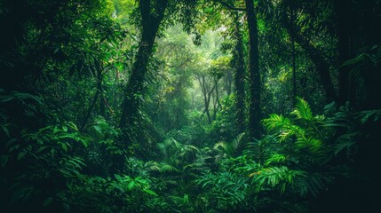Obraz premium Lush, green rainforest with misty atmosphere and dense foliage.