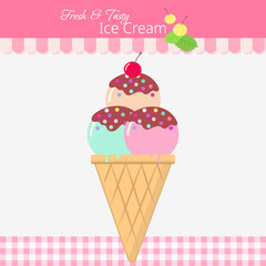 Ice cream in waffle cone with cherry. Summer time sweet food. All layered and grouped. Vector.