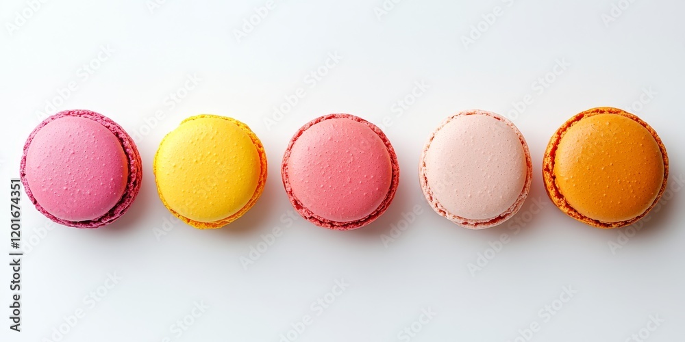 Poster vibrantly hued macarons placed against a pristine white backdrop. these delightful macarons showcase
