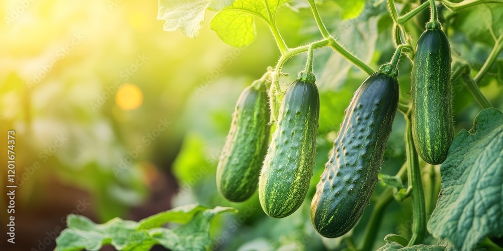 Poster cucumbers thrive in the field during harvest time, showcasing vibrant growth. spraying the cucumbers
