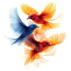 Fototapeta premium Vibrant geometric birds in flight, forming an abstract avian symphony, white background, graceful formations, lively energy, vector graphic, simple, geometric 