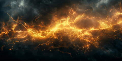 Fototapeta premium Golden lightning illuminating a dark sky during a fierce storm. Generative AI