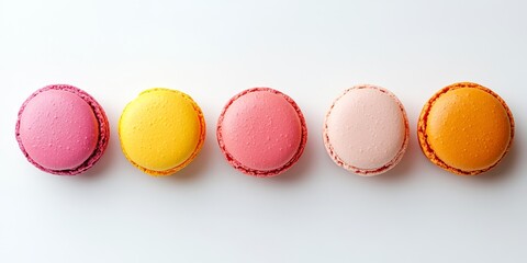 Obraz premium Vibrantly hued macarons placed against a pristine white backdrop. These delightful macarons showcase bright colors while standing out on the clean white surface.