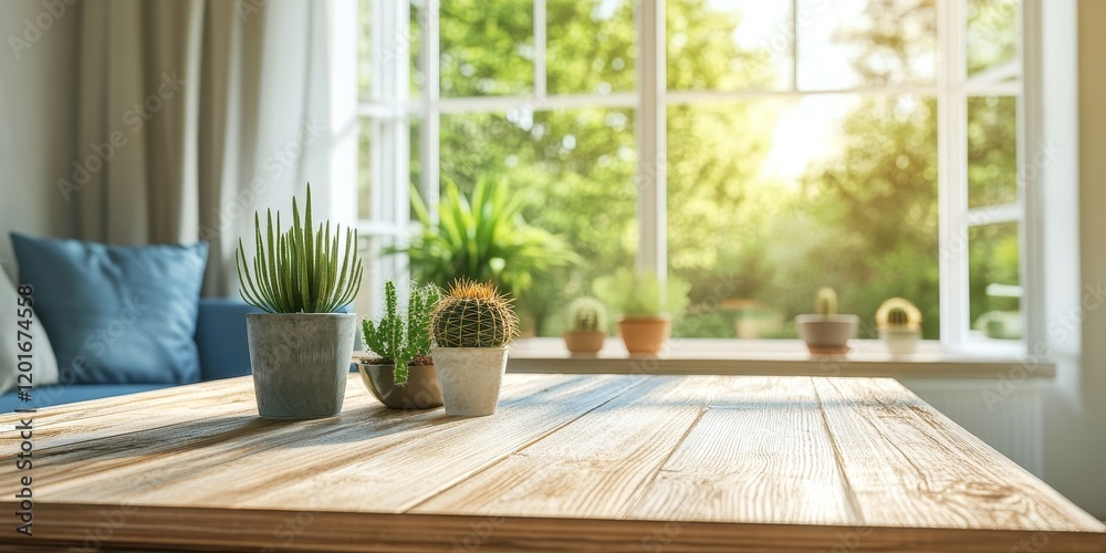 Poster stylishly designed wooden table adorned with cacti, positioned next to windows in a bright and spaci