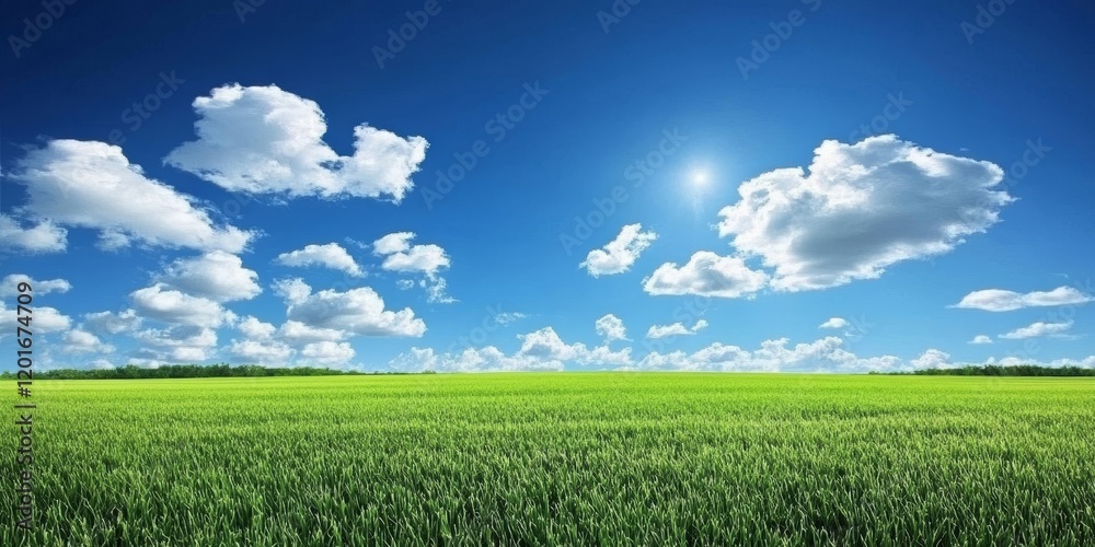 Aufkleber vibrant green field under a vast sky adorned with fluffy white clouds, creating a picturesque landsc