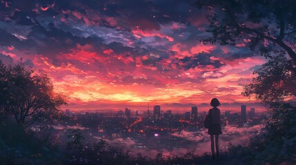Fototapeta premium **Paraphrased Text:**As the sun sinks into the horizon, casting a rosy glow across the sky, the twinkling lights of the city begin to emerge
