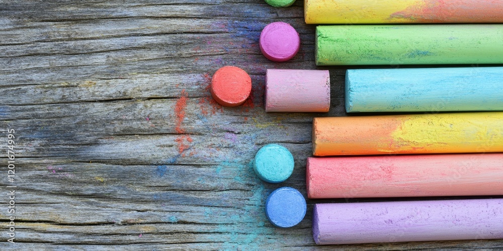 Aufkleber Colorful chalks arranged on a wooden surface create a vibrant visual display. The assortment of chalks showcases a variety of colors, ideal for creative projects and artistic expression.