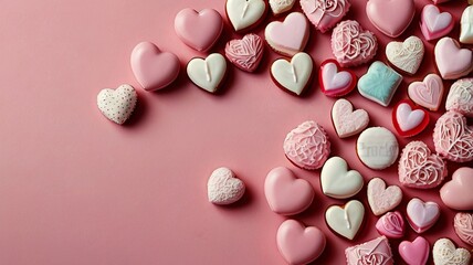 Romantic Heart-Shaped Candies Border on Pink Backdrop for Valentine&rsquo;s Day