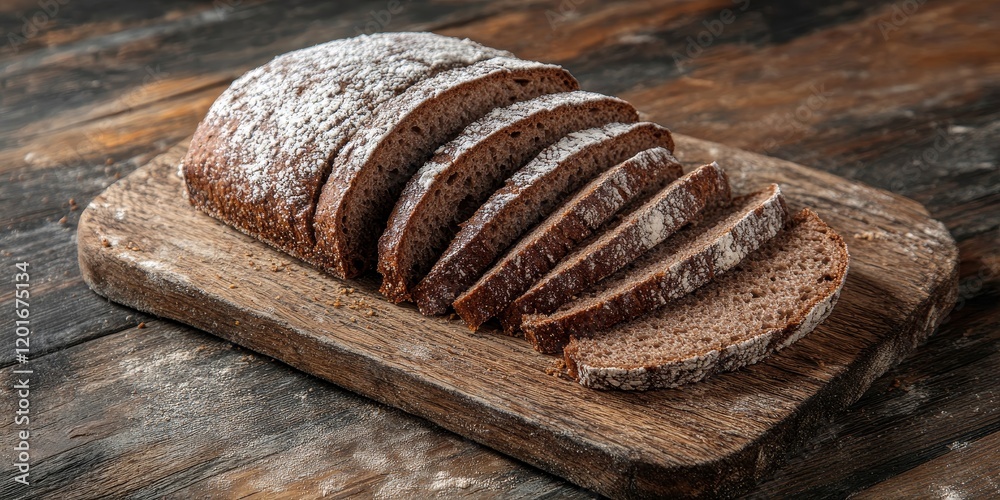 Aufkleber Fresh slices of rye bread made with flour displayed on a wooden table create a rustic atmosphere. Rye bread promotes healthy eating and enhances any food background with its wholesome appeal.