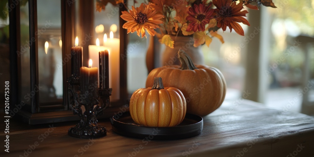 Poster cozy autumn setting featuring candles and a pumpkin, creating a warm atmosphere. this autumn display