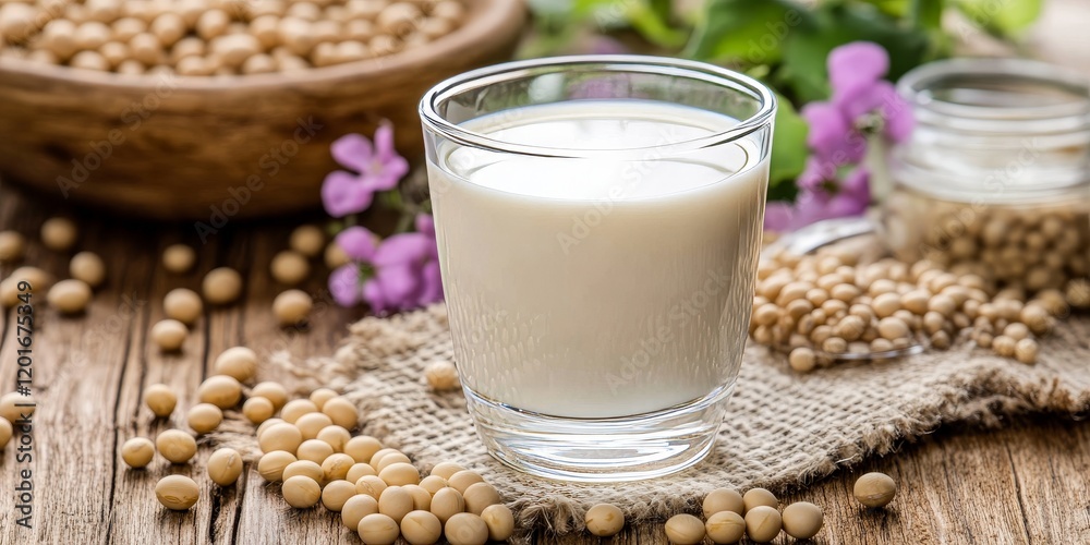 Poster Soybeans and soy milk displayed beautifully on a wood grain table, showcasing the versatility of soybeans and their use in creating nutritious soy milk. Perfect for healthy lifestyle concepts.