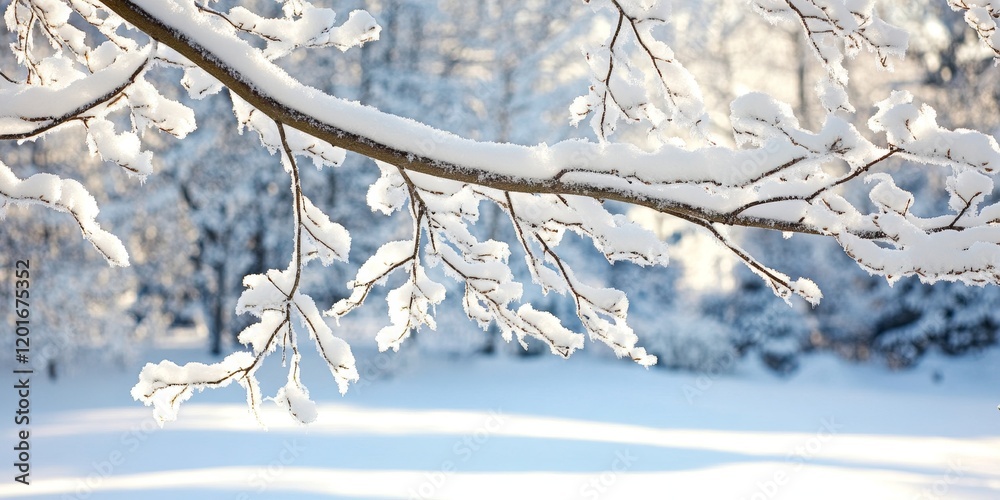 Poster winter tree branch covered in snow creates a serene winter scene. the snow on the tree branch highli