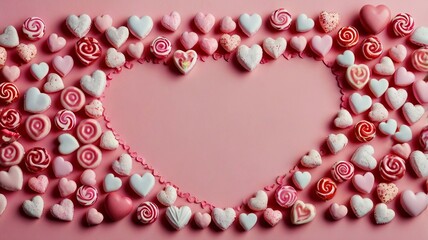 Obraz premium Romantic Heart-Shaped Candies Border on Pink Backdrop for Valentine’s Day