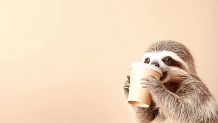 Sloth with coffee cup, horizontal video, suitable for cafe promotions, social media content, funny advertisements and morning motivation