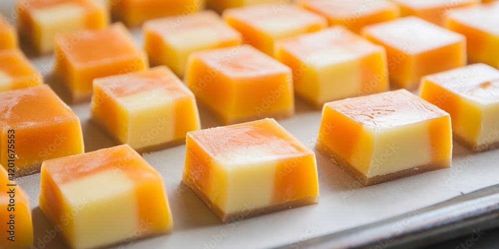 Poster Scoring candy corn fudge with a parchment paper template allows for precise cutting into small candy corn fudge pieces, ensuring an even and attractive presentation of the candy corn fudge.