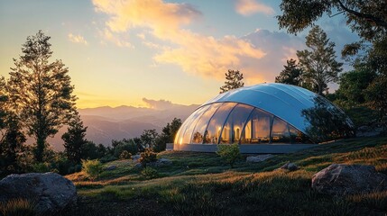 Obraz premium Glass dome house on mountaintop at sunset.