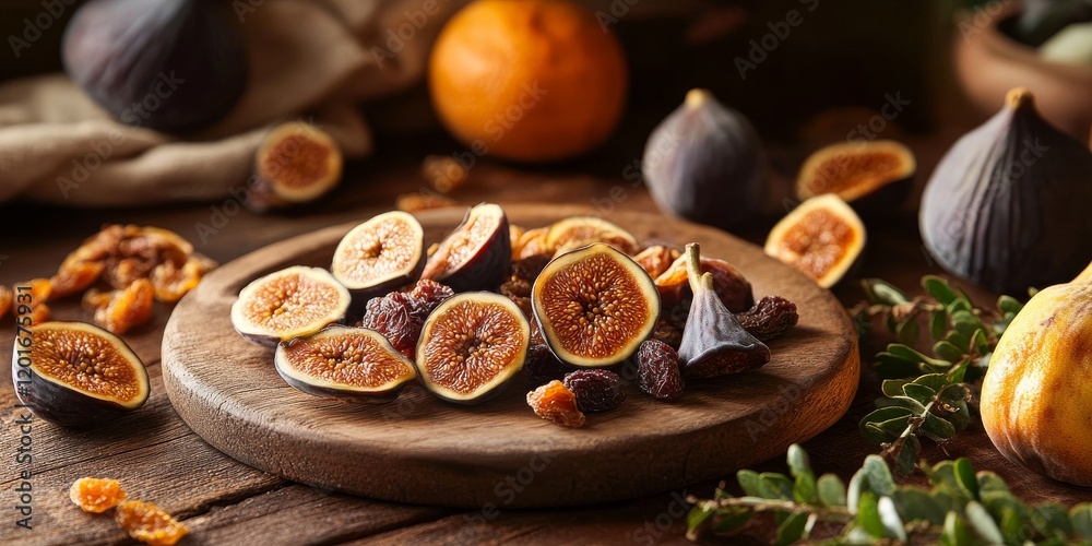 Poster dried figs and fresh fruit beautifully arranged on a wooden table create a delightful presentation. 