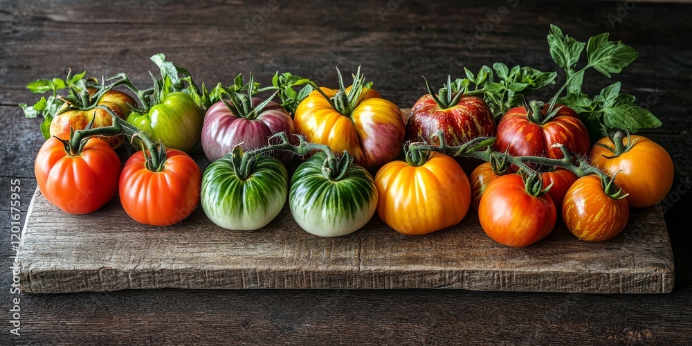 Poster a vertical image showcasing vibrant heirloom tomatoes arranged on a rustic wooden board, highlightin
