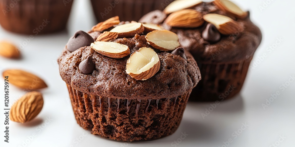 Poster selective focus on a delicious chocolate muffin topped with almond slices, showcasing the rich textu