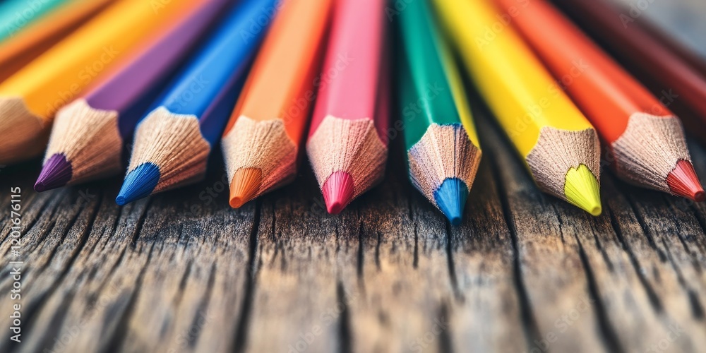 Aufkleber Colorful pencils arranged on a wooden surface create an engaging macro shot. This image showcases the vibrant color pencils in a horizontal view with selective focus on their texture.