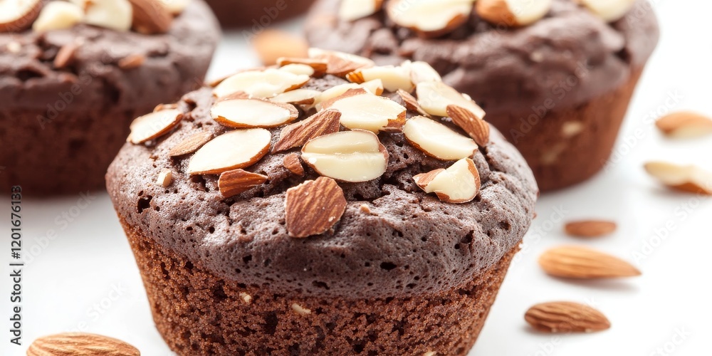Poster selective focus on a delicious chocolate muffin topped with almond slices, showcasing the rich textu