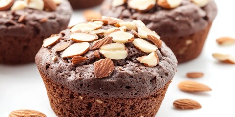 Selective focus on a delicious chocolate muffin topped with almond slices, showcasing the rich texture and inviting appearance of the chocolate muffin against a clean white background.