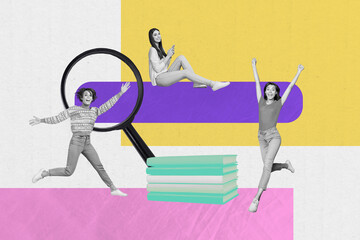 Composite photo collage of three happy girls students college book stack education magnifier glass...