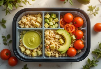 A high-end transparent container featuring vibrant quinoa salad with creamy avocado, cherry tomatoes, and zesty lime dressing. Natural sunlight enhances the colors