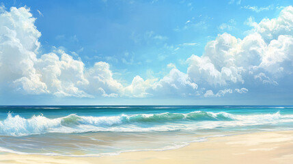 Obraz premium serene beach painting with turquoise ocean waves under a cloudy sky: a digital seascape artwork of a tranquil summer landscape featuring white sandy shores and pastel beach colors
