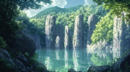 Fototapeta premium Serene lake nestled amidst lush greenery and towering rock formations.