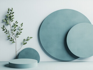 Elegant Minimalist Composition with Greenery and Geometric Shapes in Soft Blue Tones