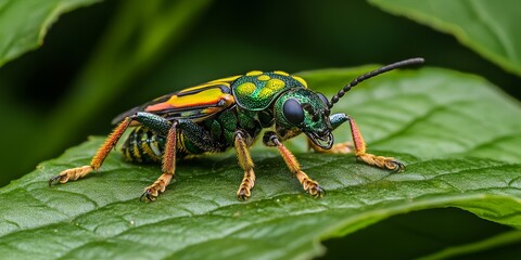 Fototapeta premium Close up macro of agrianome fairmairei insect resting on vibrant green leaves, showcasing the intricate details and beauty of this agrianome fairmairei species in its natural habitat.