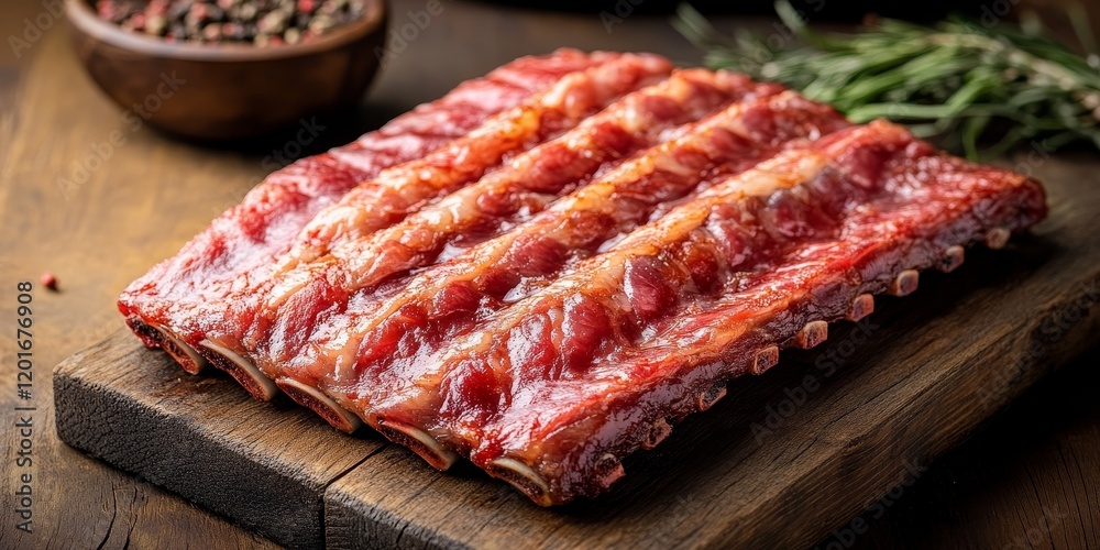 Poster raw ribs displayed on a wooden table, showcasing the rich texture and color of raw ribs, perfect for