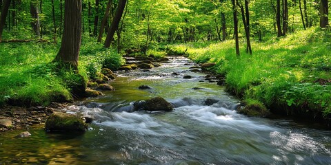 Obraz premium Small river flowing through a lush green forest, showcasing the serenity and beauty of nature with a picturesque brook surrounded by vibrant flora. Experience the tranquility of this enchanting brook.