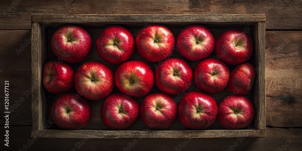 Aufkleber fresh red apples arranged in a wooden box on a wooden table create an appealing flat lay composition
